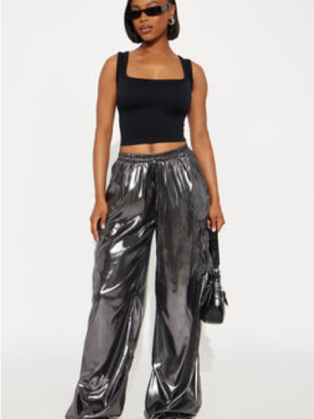 Fashion Nova Metallic Wide-Leg Pants - Black